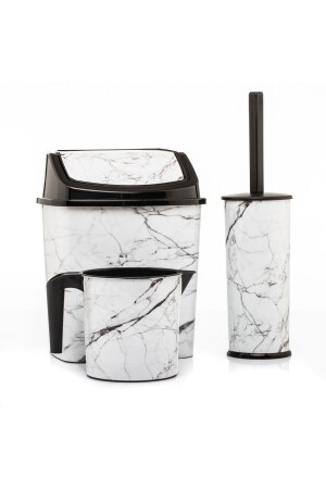 Bathroom Set Trash Can WC Toilet Brush Mug Set of 3 White Marble Patterned Odorless Bathroom Set - Okacih
