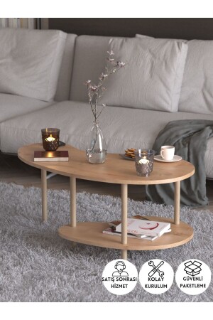 Bean Coffee Table Wooden Legs Coffee Table with Two Shelves Coffee Table Decorative Coffee Table with Newspaper Holder - Sapphire Oak PEKA-0021 - PEKA