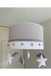 Bebek Çocuk Odası Avize - Ponponlu Gri Beyaz Bebek Çocuk Odası Lambası Çap=35 Cm PBLPPGR - Pudradecor