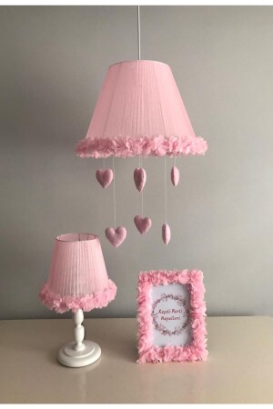 Bebek Çocuk Odası Avize Abajur Ve Çerçeve Pembe Çiçekli Pembe Kalpli pembeçiçekliset - Keçeli parti hayalleri
