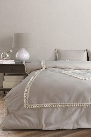Beige Cotton Linen Double Baklava Pattern Pompom Double Duvet Cover Set HİPNT-2 - NDC HOME