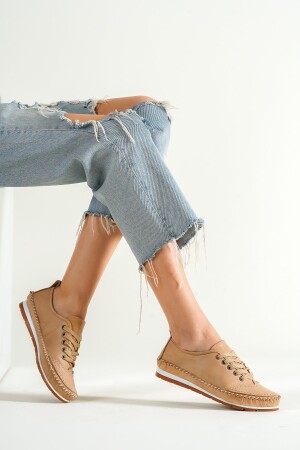 Beige Damen-Ballerinas aus echtem Leder Dp16-0061 - Deripabuc