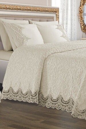 Beige Double French Laced Blanket Set - Dowry Blanket Set - Bursa Tekstil