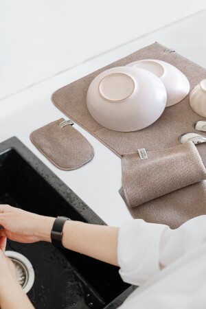 Beige-gray Microwell 3 Piece Set Microfiber Dish Drying Mat Kitchen Set 3 Piece Tea Cloth Cover - Hamur