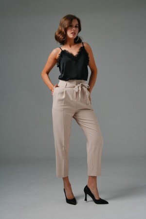 Beige High Waist Relaxed Cut Tie-Down Trousers - Saade