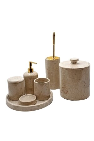Beige Marble Gold Set of 7 Bathroom Sets with Gold Detail BEIGE ROUNDGOLD0GOLDGOLD7 - MIARIK DESIGN & DEKORASYON