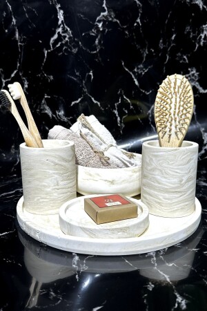 Beige Marble Pattern Concrete Bathroom Set Organizer Toothbrush Holder BM-202 - betonmall