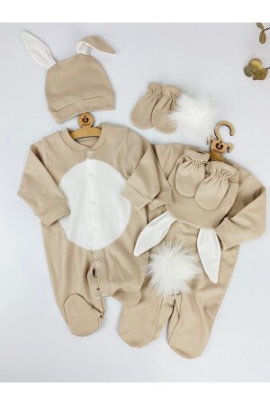 Beige Rabbit Themed Pompom Triple Set Jumpsuit Newborn Baby Hospital Release - Beberazzi