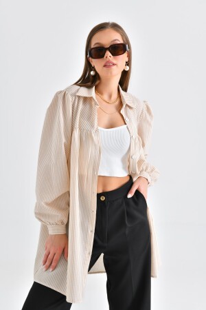 Beige Striped Wrapped Fabric with Oblique Yoke and Gathering Detail - Saade