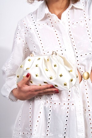 Beige Women's Satin Gold Stone Clutch Evening Dress Bag - Berlesi