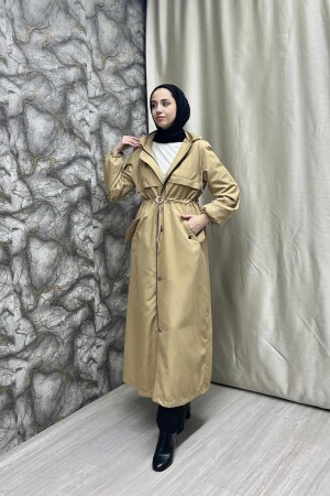 Belden Kemer Detayli Uzun Trençkot BRC1908 Latte - Burcu Tesettür