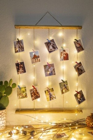 Beleuchteter Fotoaufhänger mit Seil und Riegel – LED-Gedenkwand – Fotorahmen aus Holz - Genel Markalar