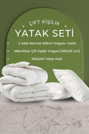 Bequeme Bettwäsche-Serie für Doppelbetten, 2 Kissen + Doppelsteppdecke + 160 x 200 Matratzenauflage - Elyaf Sepeti