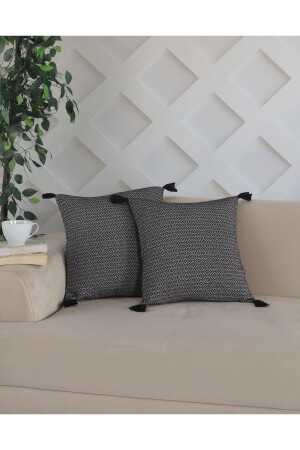 Bergama Schwarzer 2-teiliger Pompom-Kissenbezug, 45 x 45 cm, Kissenbezug mit Reißverschluss, Quasten - Lux Touch