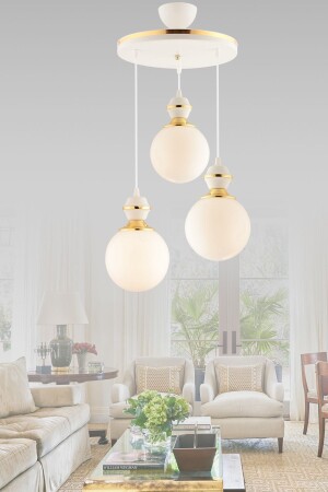 Berru 3lü Tepsi Beyaza Gold Glop Camlı Lüks Salon Avizesi 2018 - GYK LİGHT