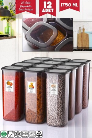 Beschriftete 12 Stück 1750 ml wirtschaftliche unzerbrechliche anthrazitfarbene Vorratsbehälter NDY-EKO-12S - Nandy Home