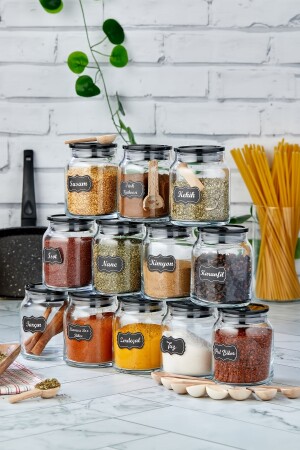 Beschriftetes 300-ml-Glas mit 12 schwarzen Deckeln und 12 Mini-Gewürzlöffeln – 24-teiliges Gewürzset fbzbhrtlk1 - FBZhome