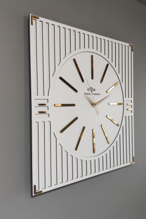 Besondere, luxuriöse, streifengemusterte, dekorative Plexiglas-Spiegelwanduhr in Weiß und Gold, quadratisch, 50 x 50 cm - Asse Tasarım