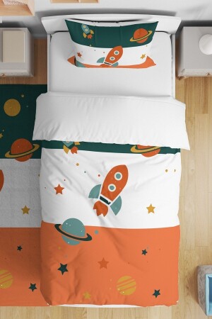 Bettbezug-Set für Einzelbett-Kinder im Retro-Grün-Orange-Raumschiff-Muster - Evpanya