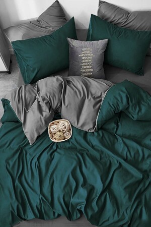 Bettbezug-Set mit Spannbettlaken für Doppelbett, Petrol – Grau FLR5657 - İQON
