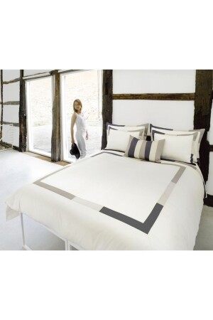 Bettwäsche-Set für King-Size-Betten, Anthrazit, Beige, Weiß, gerahmt, aus weißem Psaten, antbbking - METİNEV