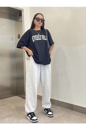 Beverly Hills Siyah T-shirt Gri Eşofman Altı- Jogger Tişört Alt Üst Takım Oversize Bisiklet Yaka - Mythologie