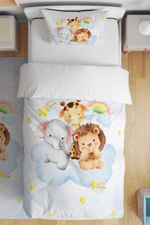 Bewölkter Löwe, Giraffe, Elefant, Freunde, gemustert, Einzelbettwäsche-Set für Babys und Kinder, evnev00143 - Evpanya