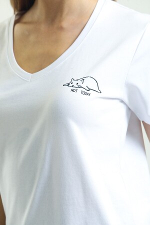 Beyaz Baskı Detaylı Kısa Kollu %100 Pamuk T Shirt - Hukateks