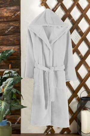 Beyaz Kapüşonlu Unisex 100% Pamuk Bornoz- Ekstra Su Emici - Fg Home