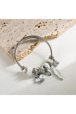 Beyaz Kelebek ve Yaprak Charmlı Çelik Bileklik - Jeros Accessories