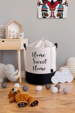 Beyaz Kumaş Home Sweet Home Baskılı Çok Amaçlı- Dekoratif- Oyuncak Sepet - Prendi Home