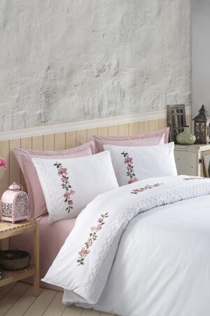 Beyaz - Pembe Dantelli Çiçek Nakışlı Çift Kişilik Nevresim Takımı YT064-2-CNT - ÖDEL HOME