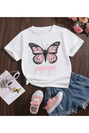 Beyaz Pembe Dreams Butterfly Baskılı Çocuk Tshirt - Morning Kids