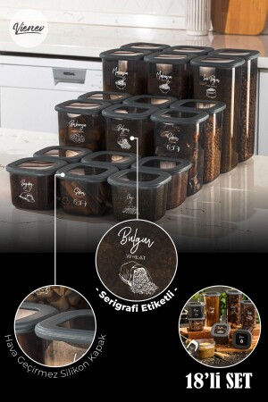 Beyaz Serigrafi Etiketli Kare Erzak Saklama Kabı 18'li Set 6x(0,55 LİTRE, 1,2 LİTRE, 1,75 LİTRE) BNM18LI-T - Vienev