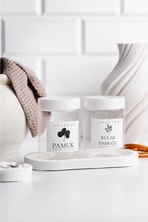 Beyaz Stantlı Şeffaf Kulak Pamuğu Ve Pamuk Etiketli Kavanoz 200ml - Lalezen Home
