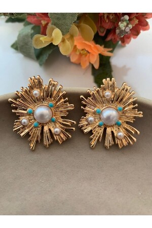 Big Flower Earrings with Pearls and Blue Stones - Pelin Aksesuar