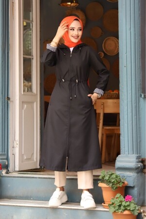Bileği Çizgili Kapüşonlu Trençkot - Suffemoda