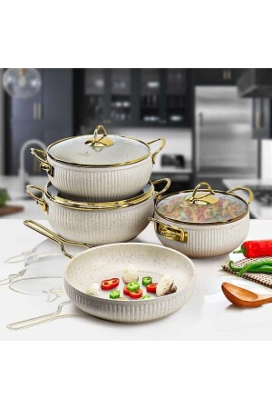 Bio Granit 7-teiliges Topf- und Pfannenset mit Oyster-Elfenbein- und Goldgriff EVTGR7PRÇEZMFİLDİŞİ - Evita