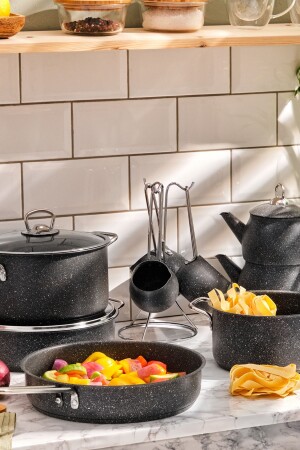 MNZ-Bio-Granite Steel Plus 14 قطعة أدوات الطبخ المعدنية مجموعة خضراء UYSL0003232 - Karaca