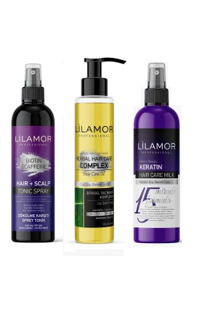 Biotin- und Koffein-Tonikum 250 ml + Haarpflegekomplex 125 ml + Keratin-Haarpflegemilch 200 ml - Lilamor