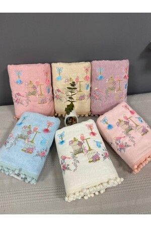 Bird Cage Embroidered Velvet Cotton Pompom Set of 6 50x90 Hand and Face Towels VELVET-BIRD*2*CAGE - AYHANHOME
