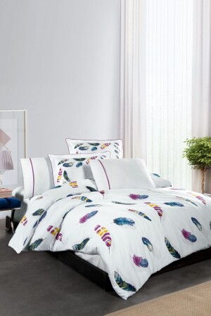 Birdy %100 Pamuk Saten Nevresim Takımı Lastikli Çarşaf Çift Kişilik Beyaz (DESENLİ) RD001 - Silkarea