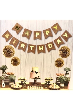 Birthday Party Banner with Gold Gilded Happy Birthday Written on Kraft Cardboard - Huzur Party Store