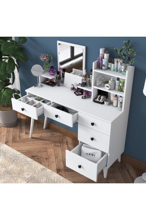 Bj101 Makeup Table with 5 Drawers and Mirrored Jewelry Organizer White 2294 - Rani Mobilya
