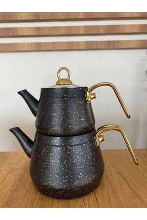 Black 3 Piece Granite Teapot with Gold Metal Handle KSM-029 S - Kısmet