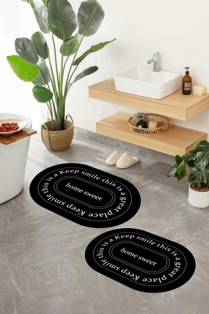 Black and White Written 2-Piece Digital Non-Slip Washable Bathroom Toilet Set - Rivaistanbul