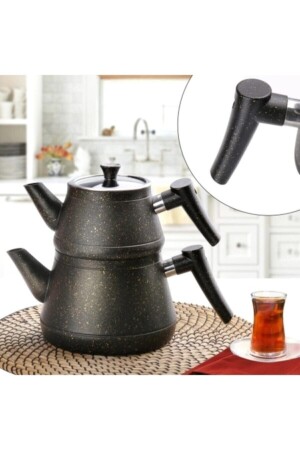 Black Bakelite Handle Granite Teapot Set - Zümrüt