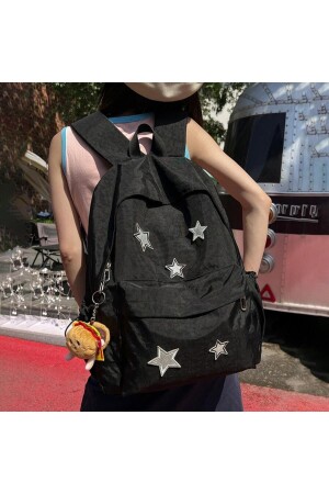Black Basic Star Collage School Backpack with Water Bottle -mingalondon - Köstebek