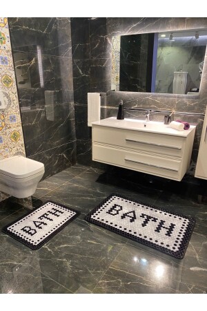 Black Bath Yazılı Desenli 2'li Kaymaz Taban Su Geçirmez Banyo Paspas Takımı (60x100 - 60x50) Gri ORVIL - Brillant