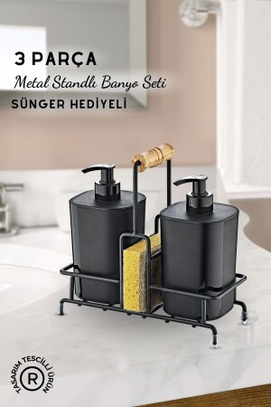 Black Begonia Bleach and Liquid Soap Dispenser Bathroom Set with Metal Stand - Sponge Gift - Grimor Life